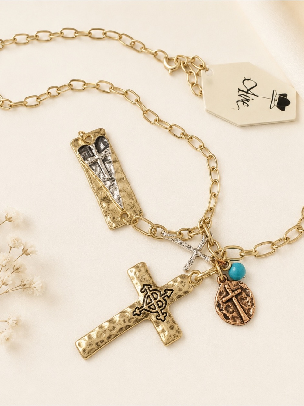 Crave Gold-Tone Necklace with 3 Crosses and Heart Charm